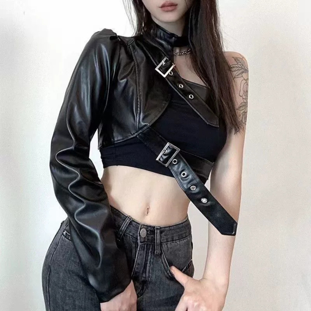 Zara Girls Punk Biker Asym One Sleeve Leather Jazz Dance Stage Costume